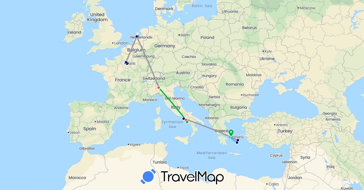 TravelMap itinerary: driving, bus, plane, hiking, boat in France, Greece, Italy, Netherlands (Europe)